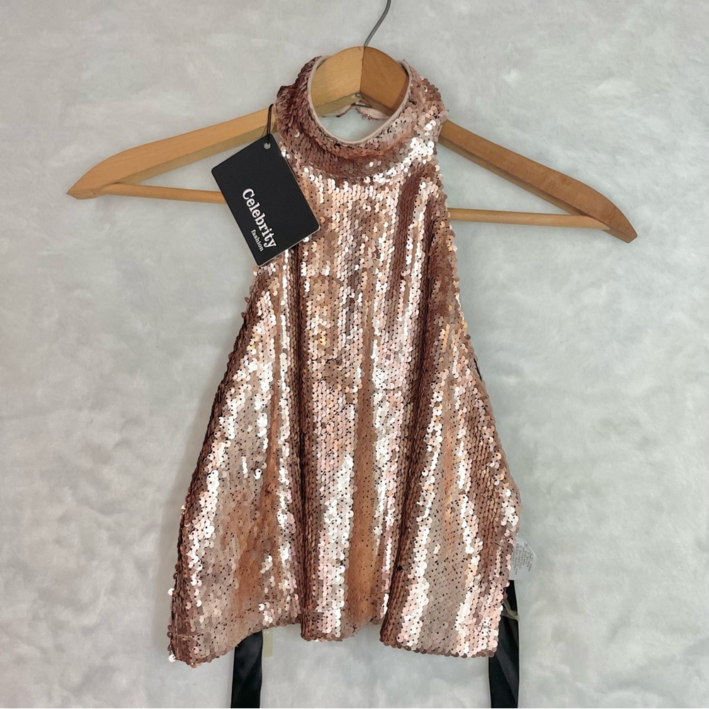 Dollskill sequin halter crop top, open back with ribbon.
